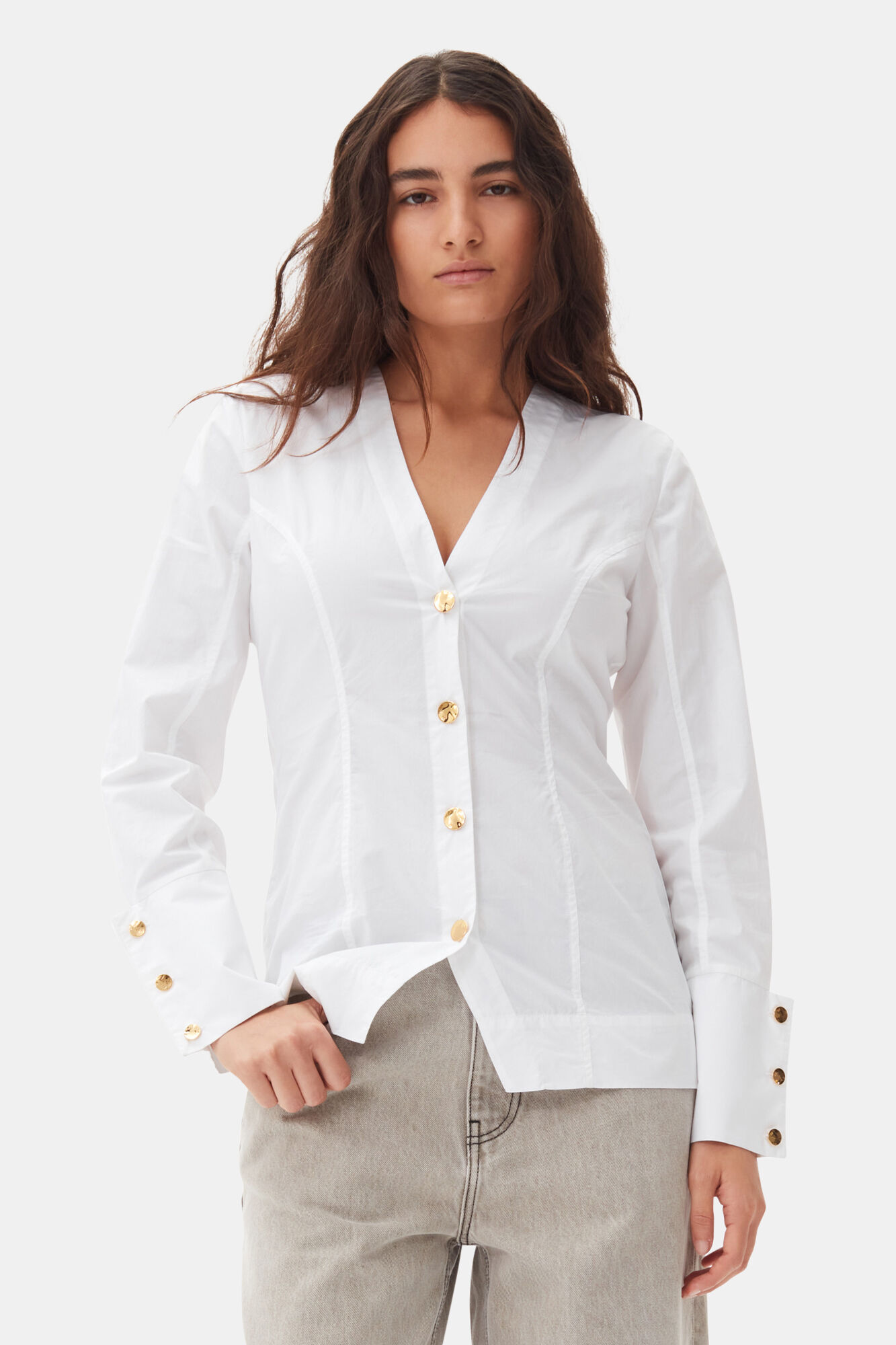 White Cotton Poplin V-neck Shirt, Cotton, in colour Bright White - 1 - GANNI