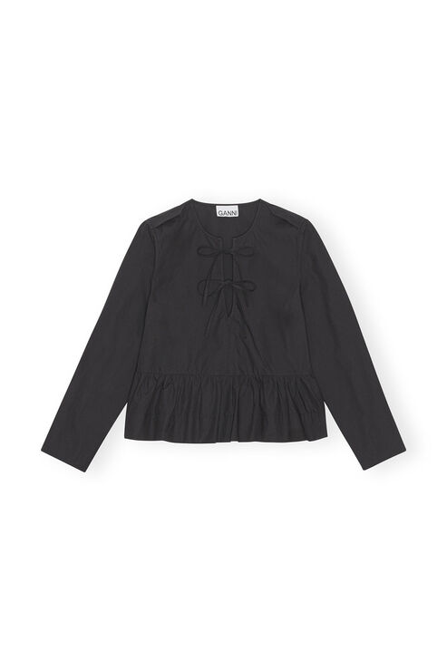Ganni Long Sleeve Cotton Poplin Tie String Peplum Blouse In Black