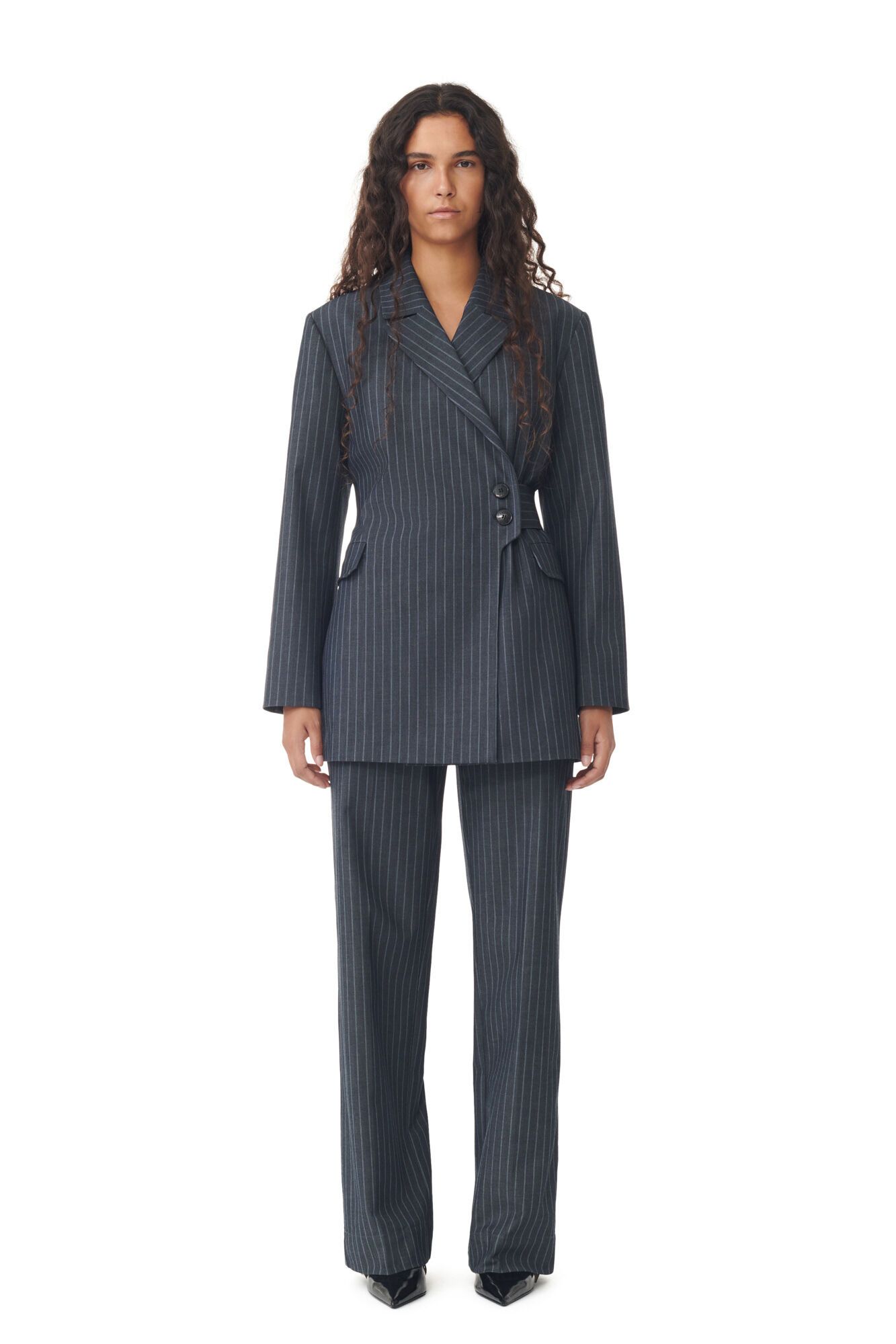 Stretch Striped Belt Blazer, Elastane, in colour Gray Pinstripe - 2 - GANNI