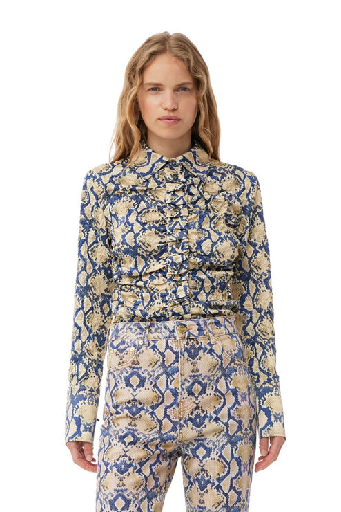 Ganni Fitted Button-front Crinkled Satin Shirt In Safari