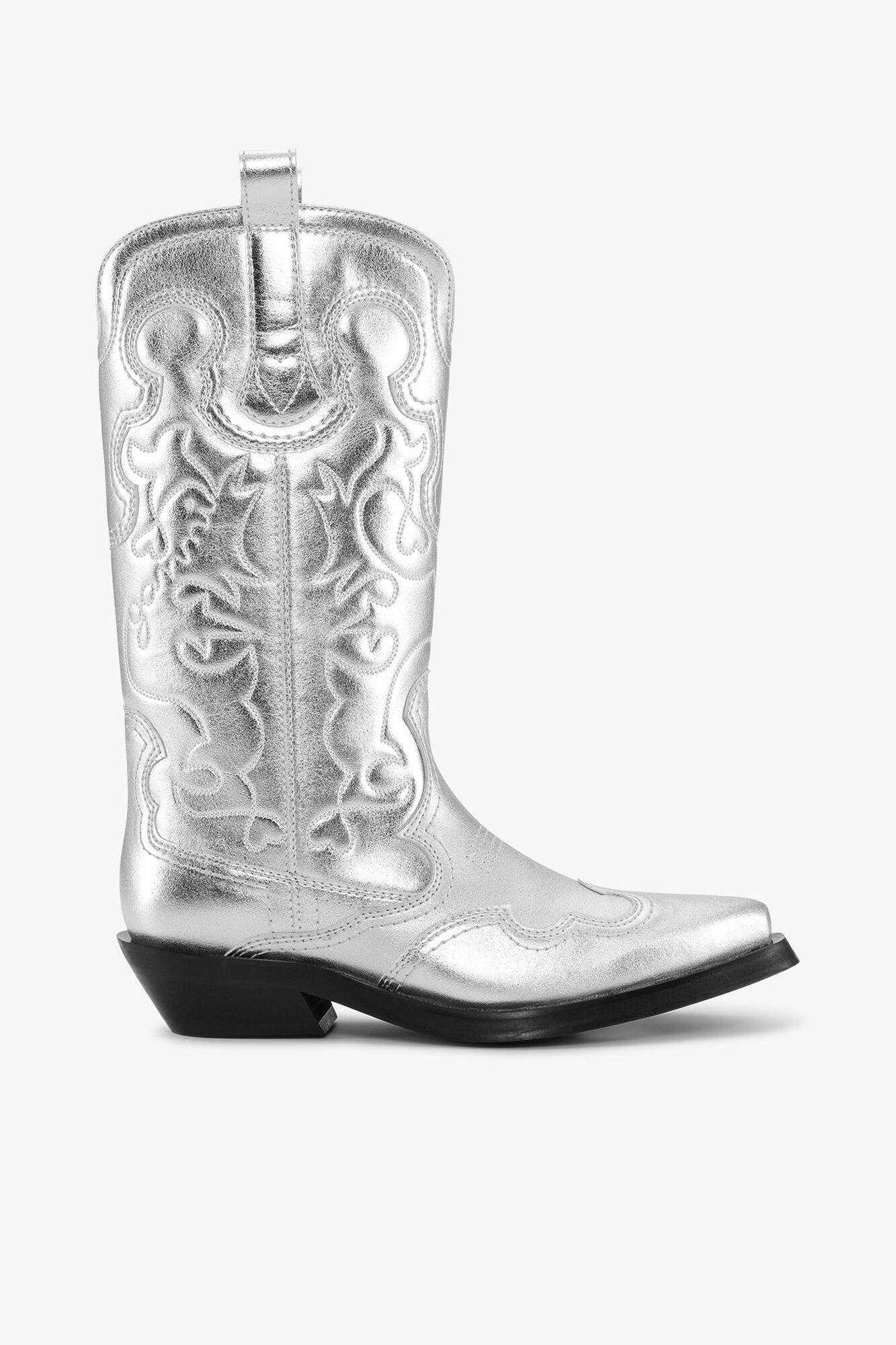 Silver Mid Shaft Embroidered Western Boots, Recycled Polyester, in colour Silver - 1 - GANNI