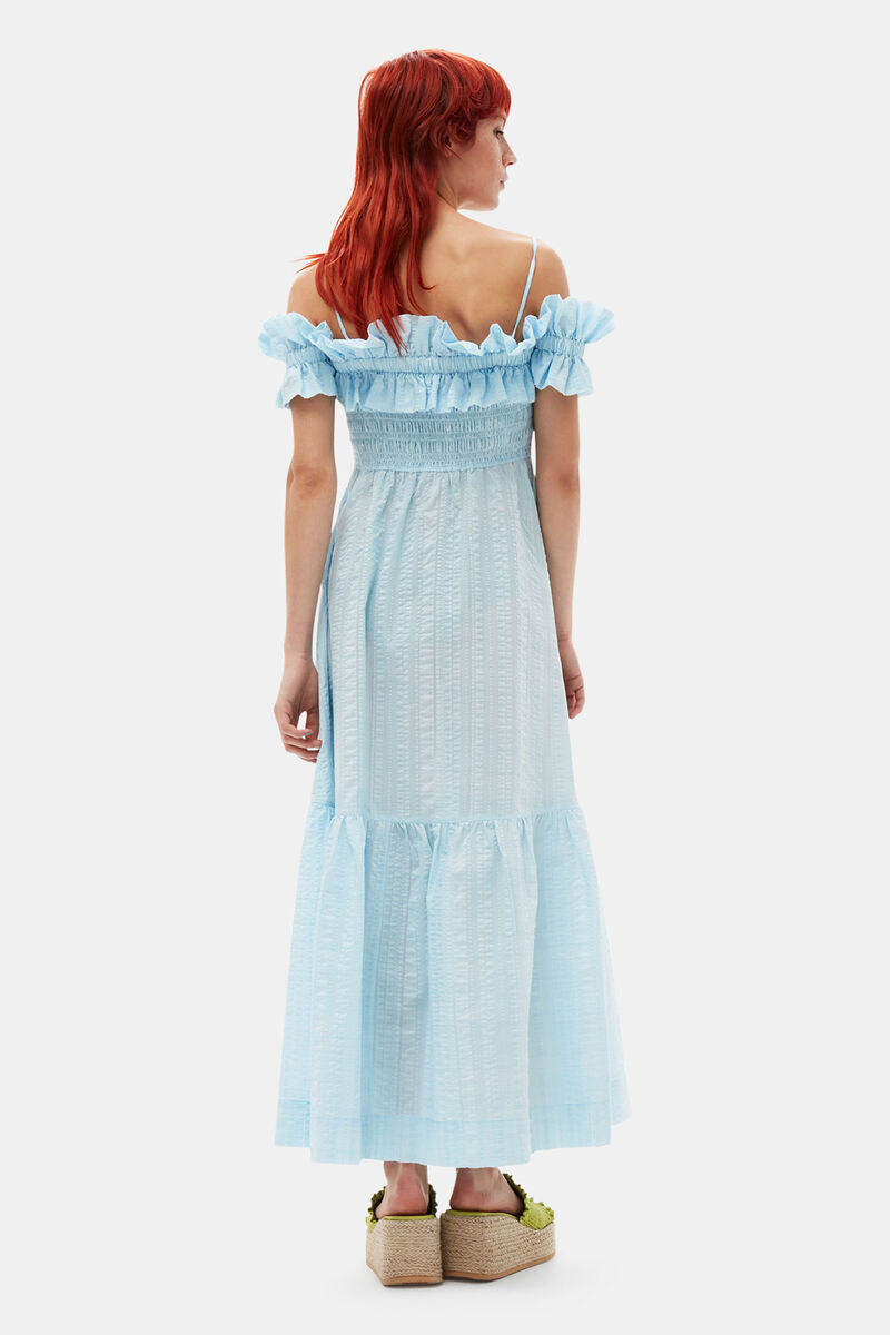Seersucker Check Smock Maxi Dress, Elastane, in colour Ice Water - 2 - GANNI
