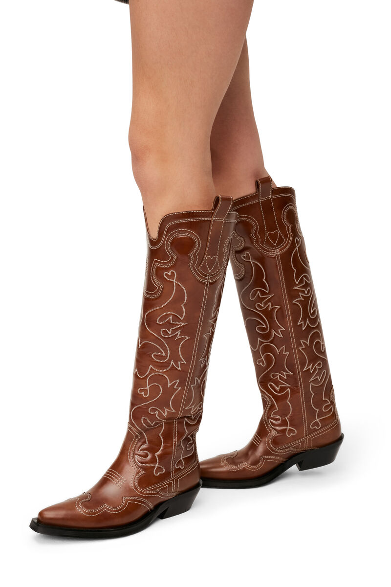 Knee High Embroidered Western Boots, Calf Leather, in colour Tiger's Eye - 4 - GANNI