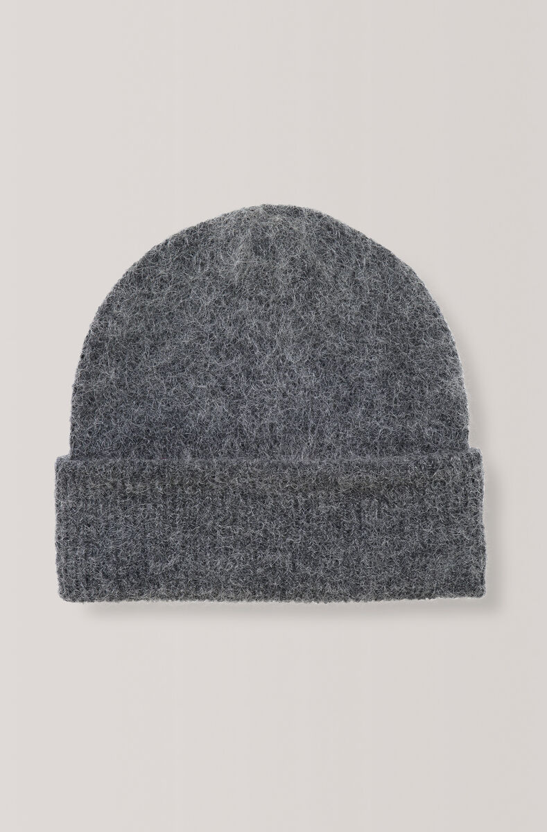Soft Wool Knit Hat, Mohair, in colour Ebony Melange - 1 - GANNI