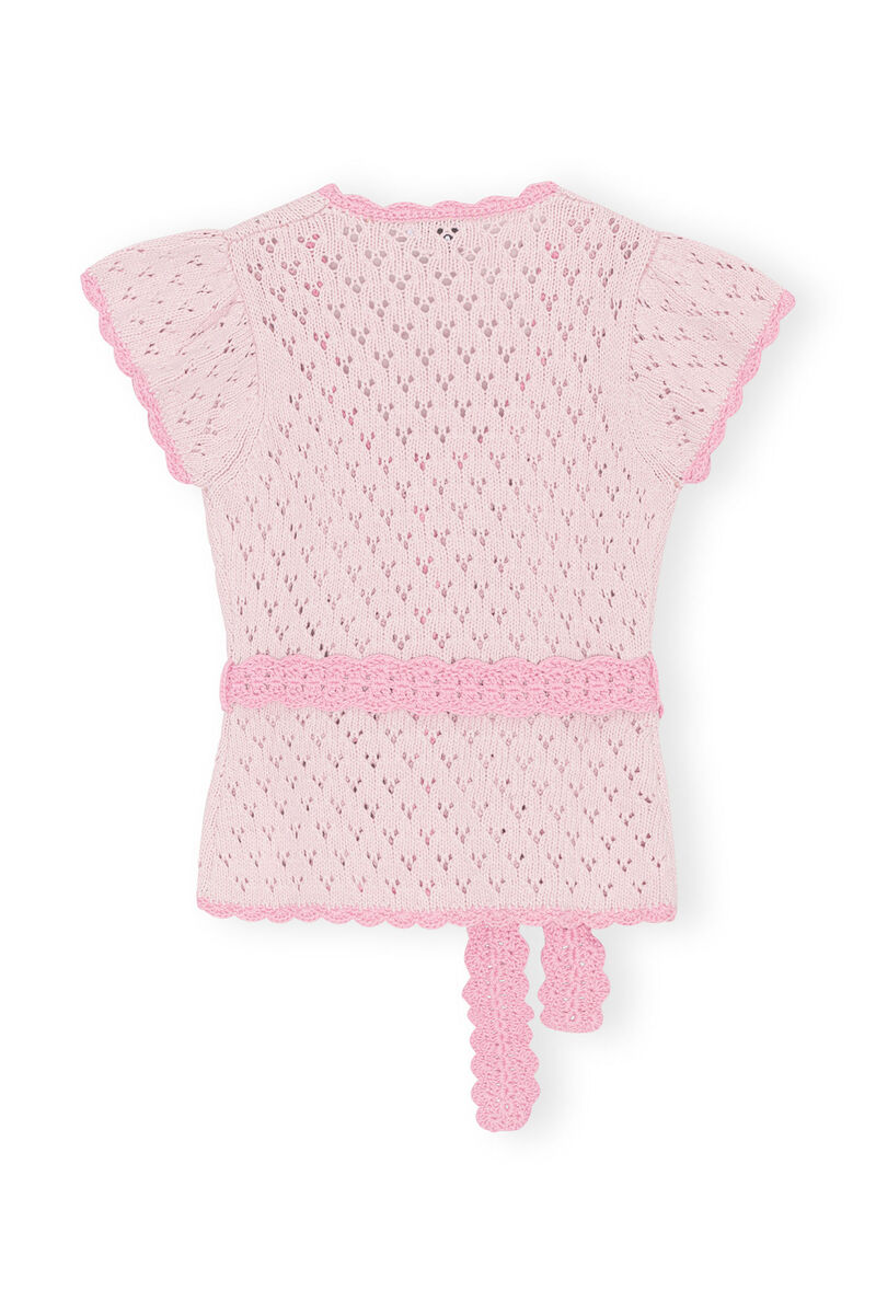 Lace Short Sleeve Cardigan, Cotton, in colour Pink Tulle - 2 - GANNI