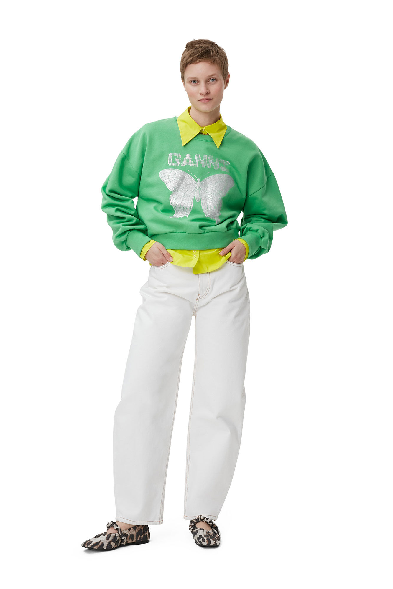 Green Butterfly Sweatshirt, Cotton, in colour Kelly Green - 1 - GANNI