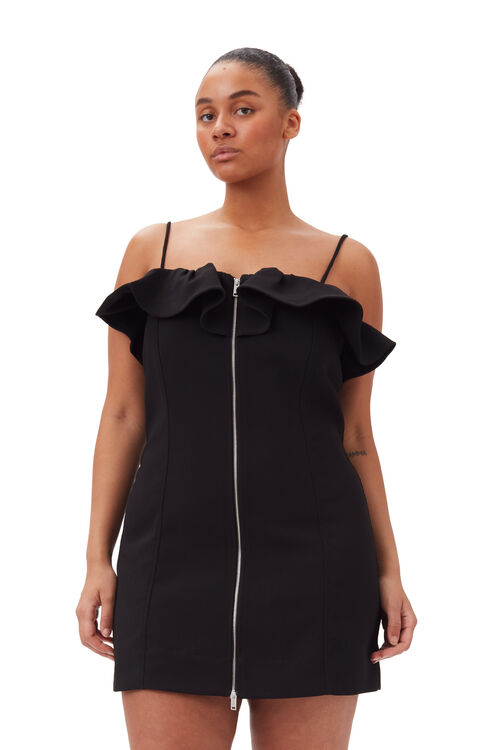Black Bonded Crepe Strap Mini Dress, Polyester, in colour Black - 6 - GANNI