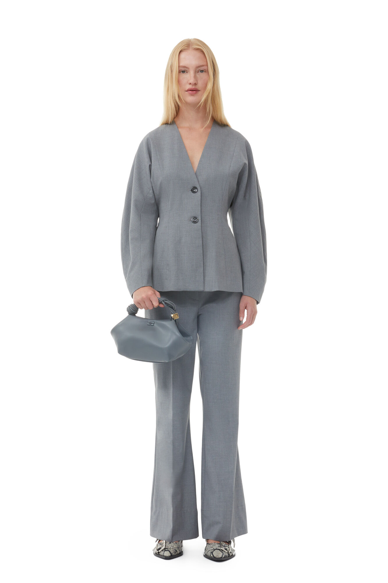 Grey Drapey Melange Fitted Blazer, Elastane, in colour Paloma Melange - 2 - GANNI