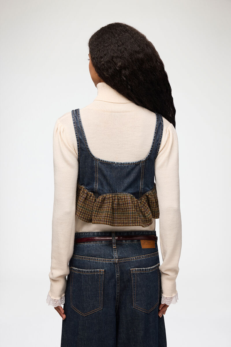 Top in Textured Slub Denim, Recycled Cotton, in colour Dark Blue Vintage - 3 - GANNI