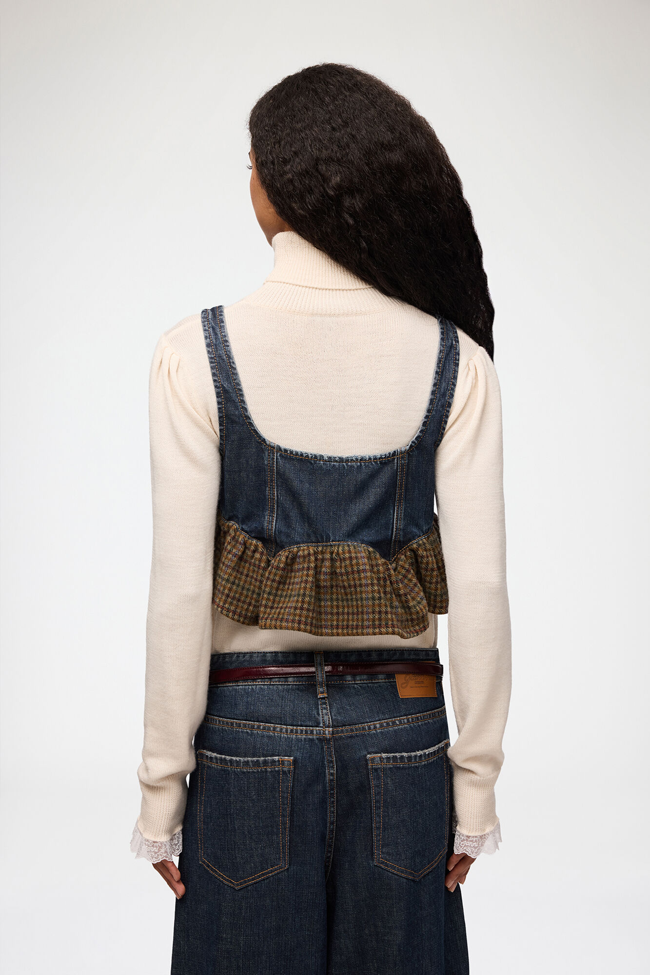 Top in Textured Slub Denim, Recycled Cotton, in colour Dark Blue Vintage - 3 - GANNI
