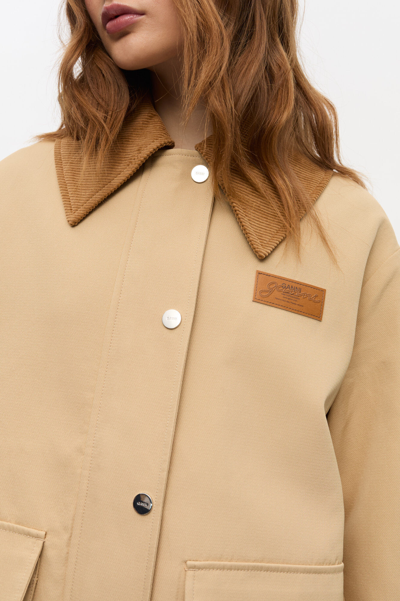 Camel Twill Midi Jacket, Recycled Polyester, in colour Pale Khaki - 3 - GANNI