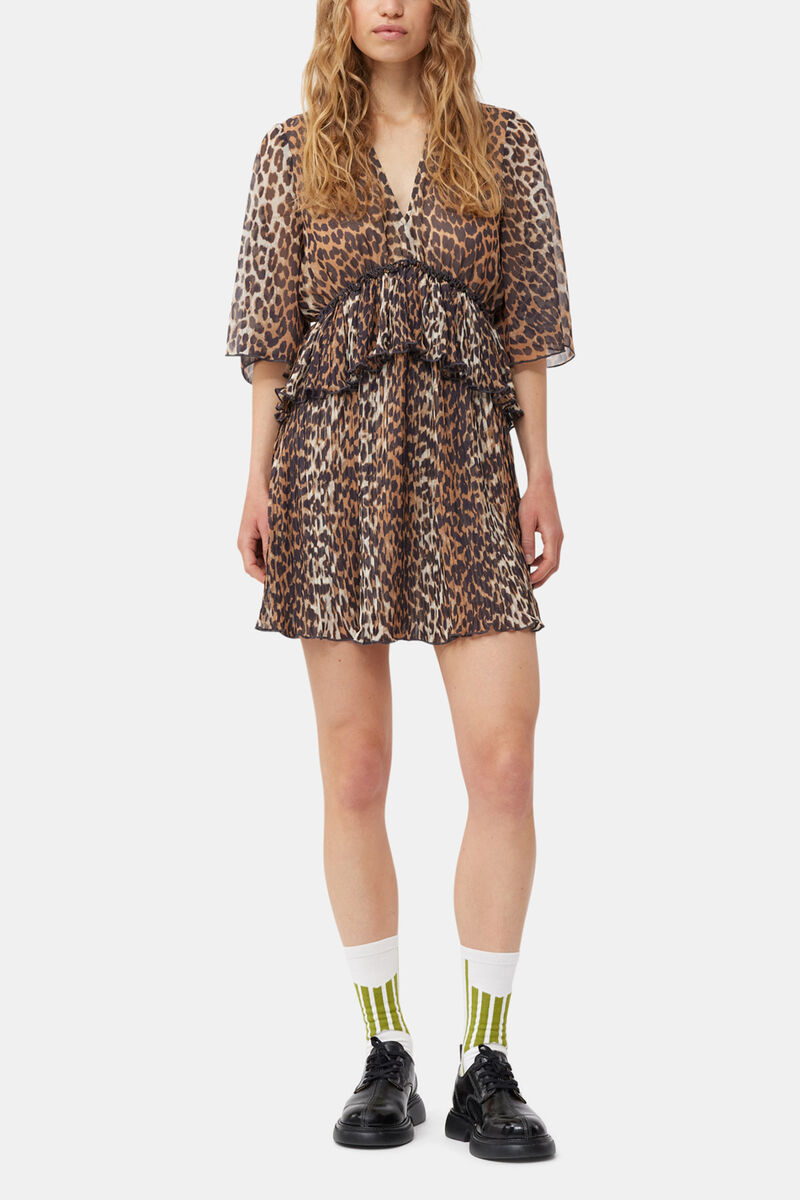 Leopard Pleated Georgette V-neck Flounce Mini Dress, Recycled Polyester, in colour Almond Milk - 1 - GANNI