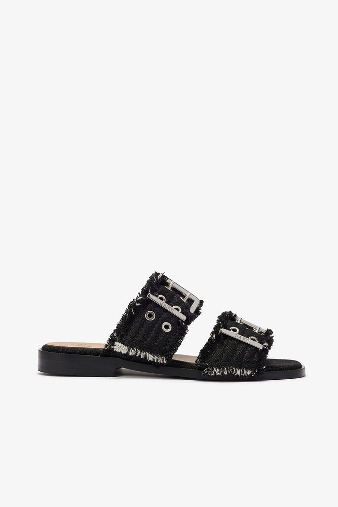 Denim Feminine Buckle Two-Strap Sandals, Black