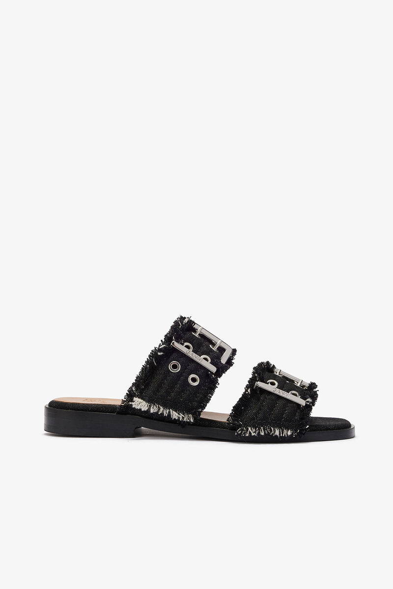 Denim Feminine Buckle Two-Strap Sandals, Recycled Cotton, in colour Black - 1 - GANNI