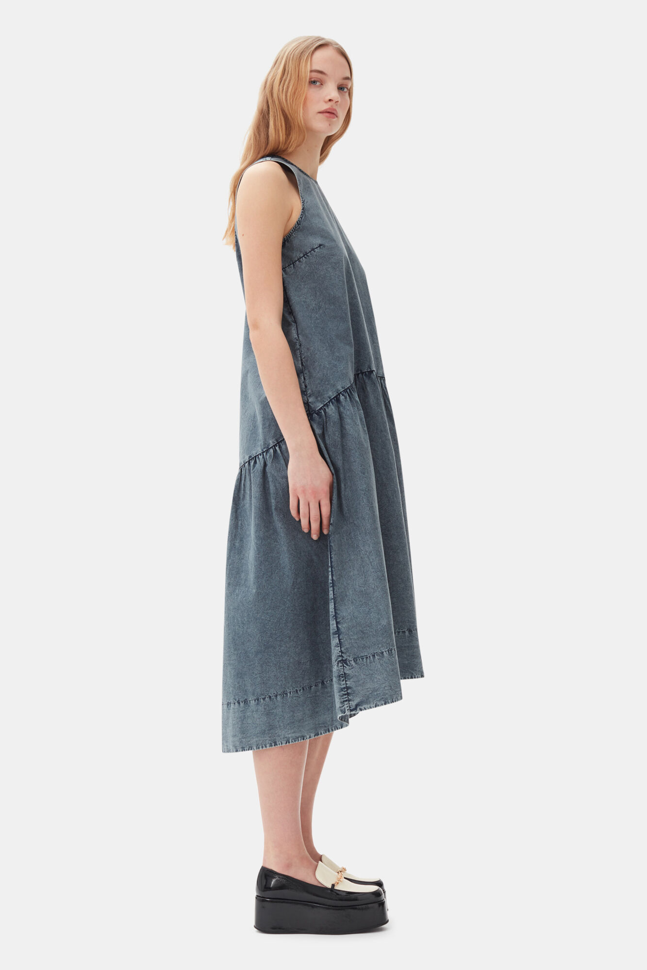 Blue Cotton Poplin Open Back Midi Dress, Cotton, in colour Sky Captain - 3 - GANNI