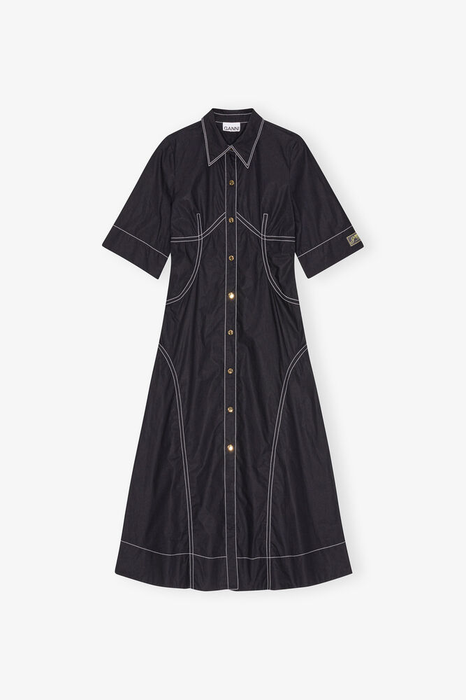 Black Cotton Poplin Shirt Dress, Black