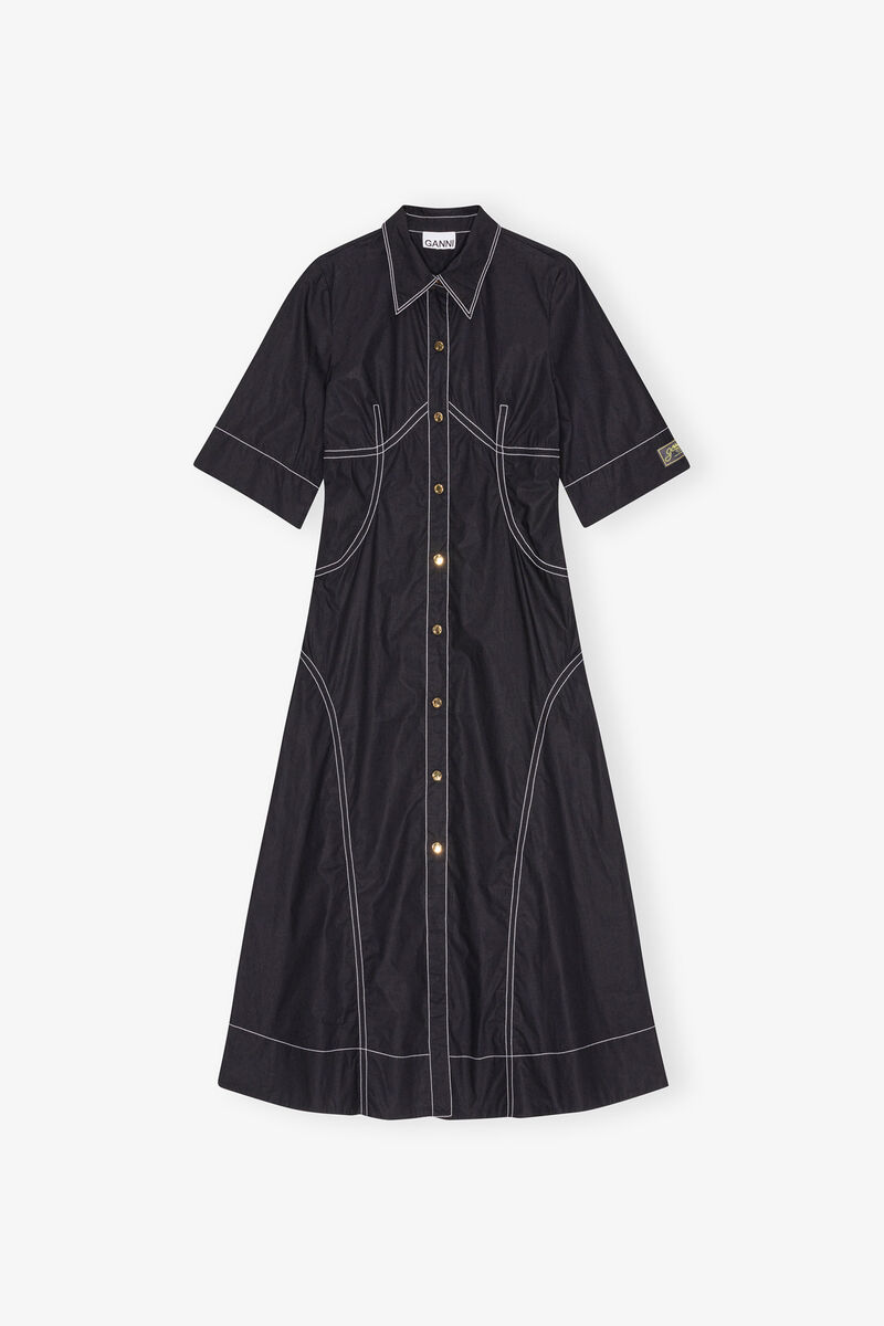 Black Cotton Poplin Shirt Dress, Organic Cotton, in colour Black - 1 - GANNI