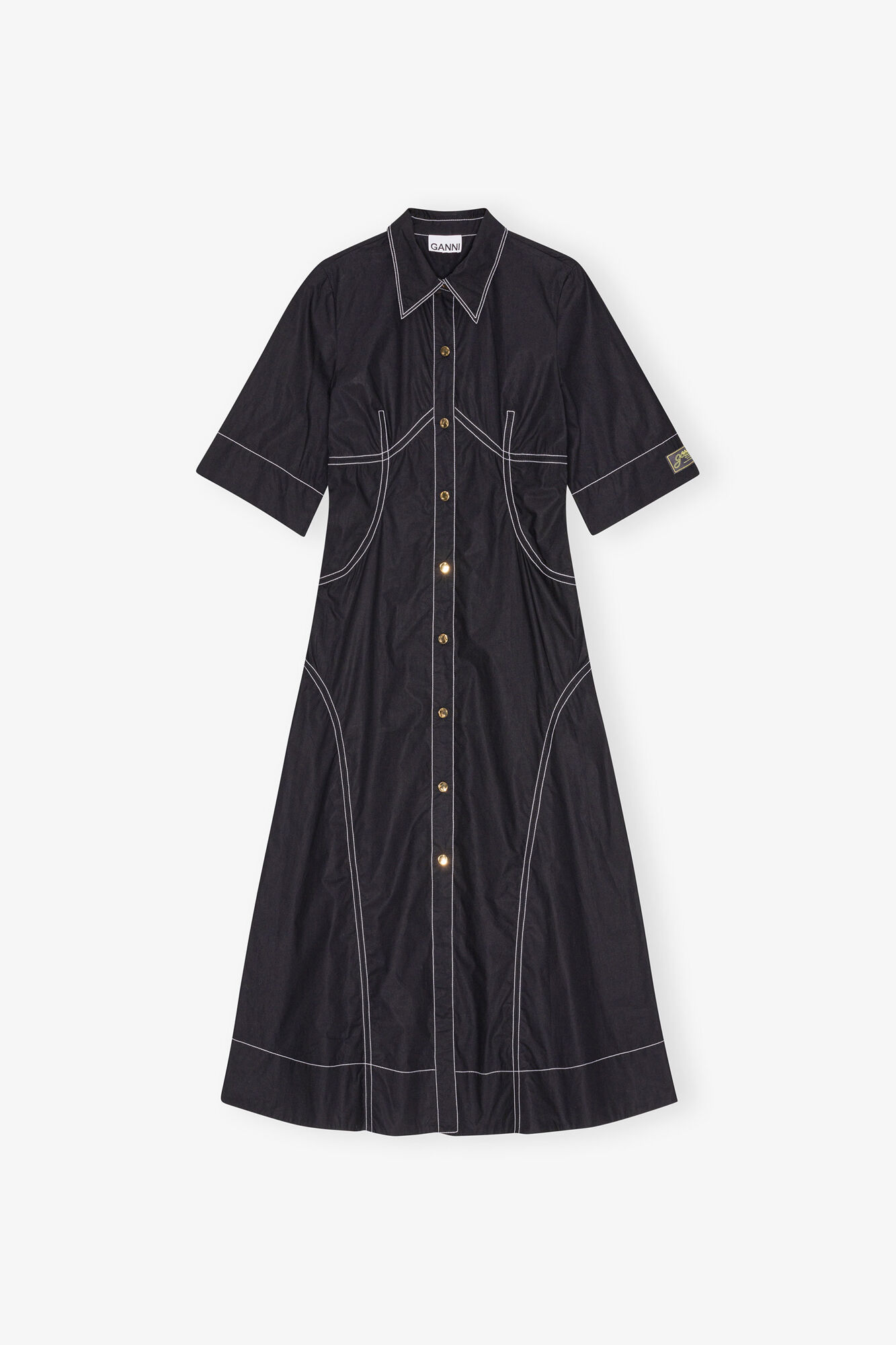 Black Cotton Poplin Shirt Dress, Organic Cotton, in colour Black - 1 - GANNI