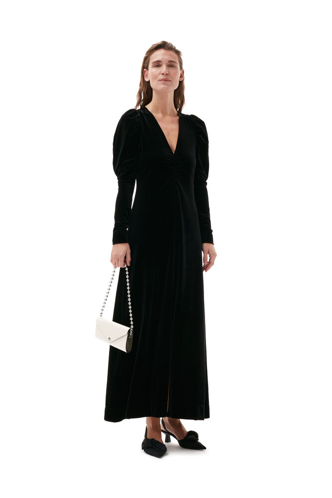 GANNI Black Long-Sleeve Velvet Dress