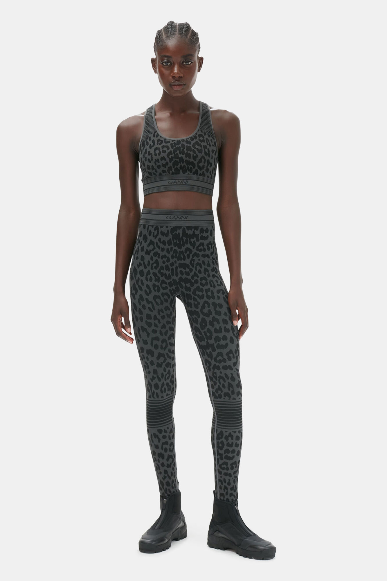 Sömlös jacquard-BH, Polyester, in colour Black - 1 - GANNI