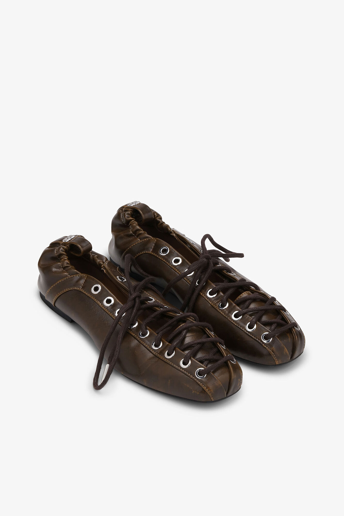 Lace-Up Ballerinas in Dark-Olive Oleatex | GANNI US