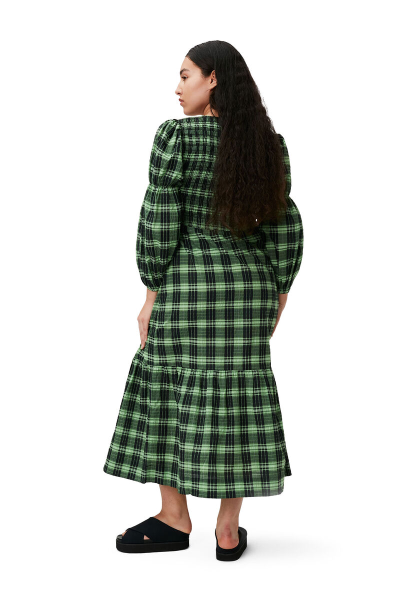 Green Seersucker Check Maxi Smock Dress, Organic Cotton, in colour Peapod - 2 - GANNI