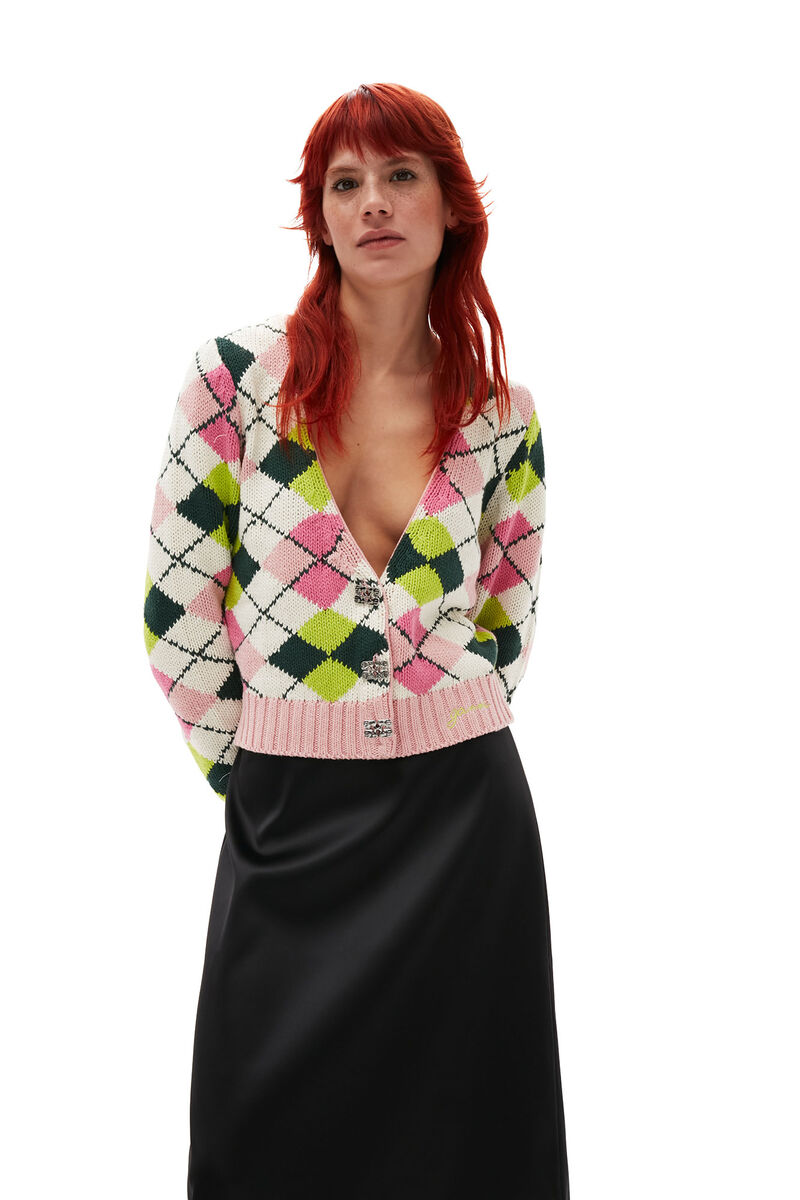 Graphic Cotton V-neck Cardigan, Cotton, in colour Multicolour - 3 - GANNI