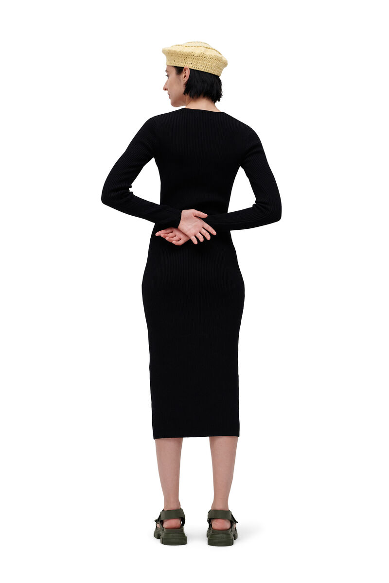 Ribbstickad åtsittande mellanlång klänning i rayon, Elastane, in colour Black - 2 - GANNI