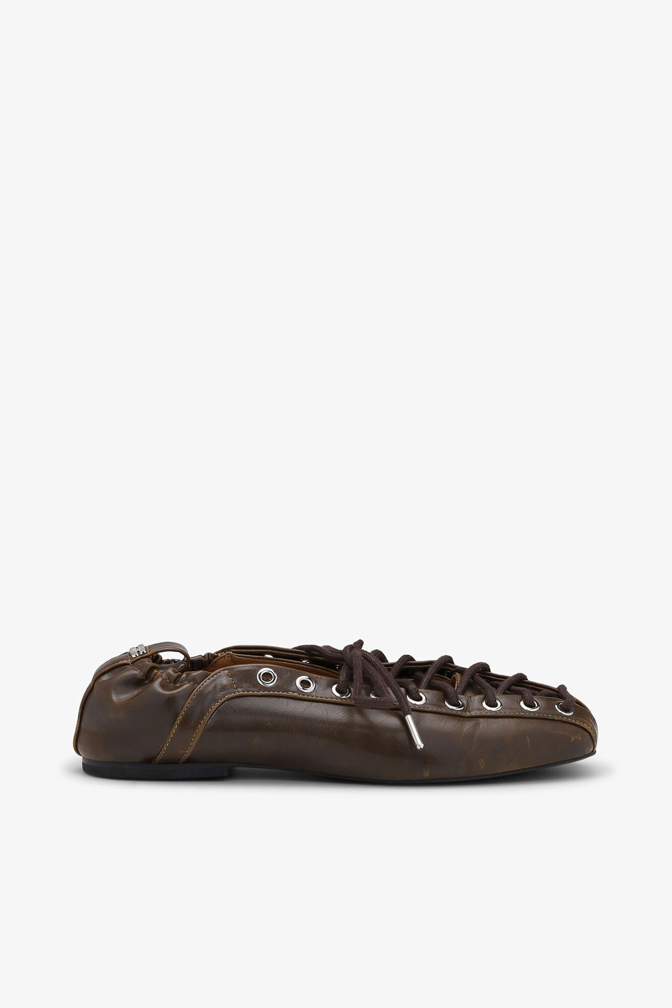 Lace-Up Ballerinas in Dark-Olive Oleatex, Polyurethane, in colour Dark Olive - 1 - GANNI