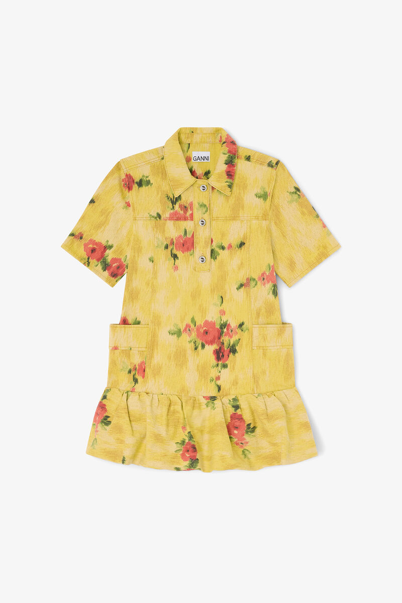 Dress in Yellow Printed Denim, Organic Cotton, in colour Vibrant Yellow - 1 - GANNI