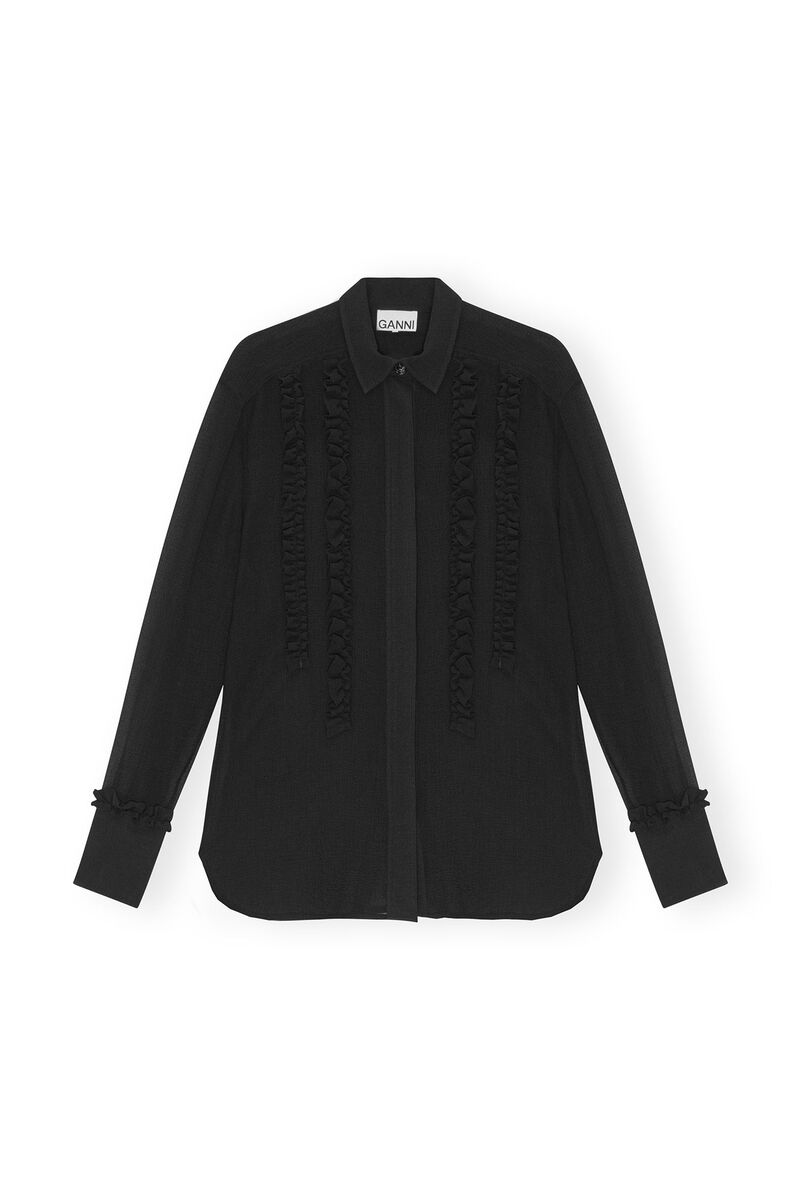 Black Chiffon Ruffle Hemd, Recycled Polyester, in colour Black - 1 - GANNI