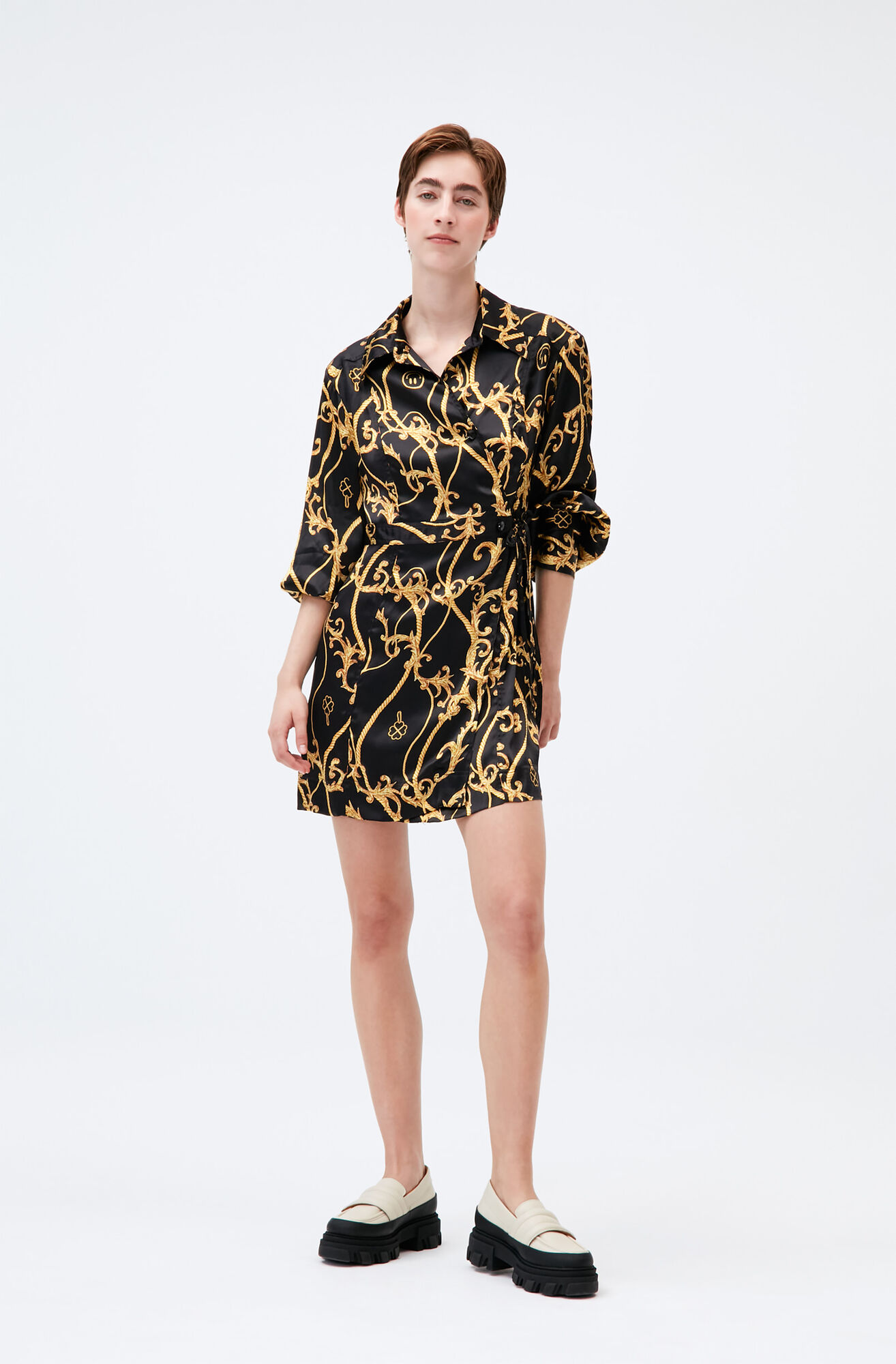 Silk Stretch Satin Panel Shirt Wrap Dress, Elastane, in colour Black - 2 - GANNI