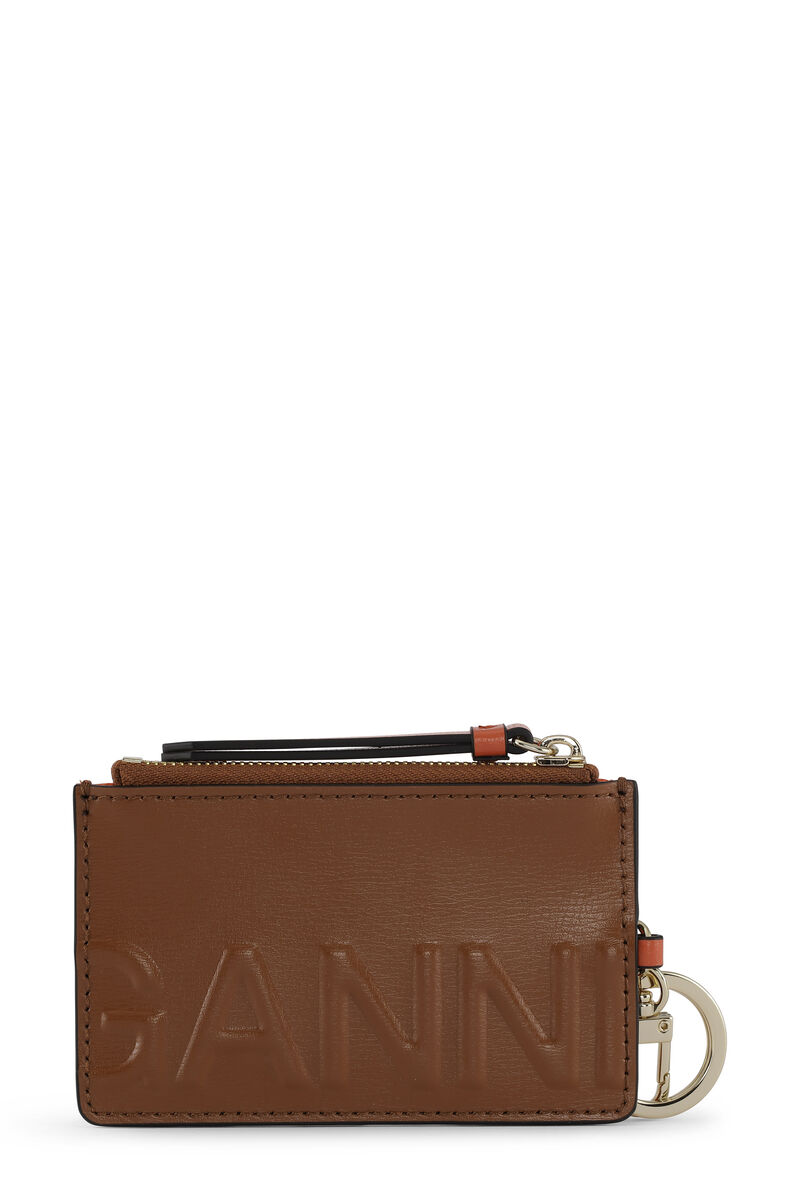 Banner Zipped Coin Purse, Leather, in colour Cognac - 1 - GANNI