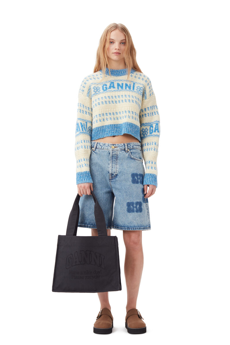 Blue Lambswool Cropped O-neck Pullover, Organic Wool, in colour Strong Blue - 2 - GANNI