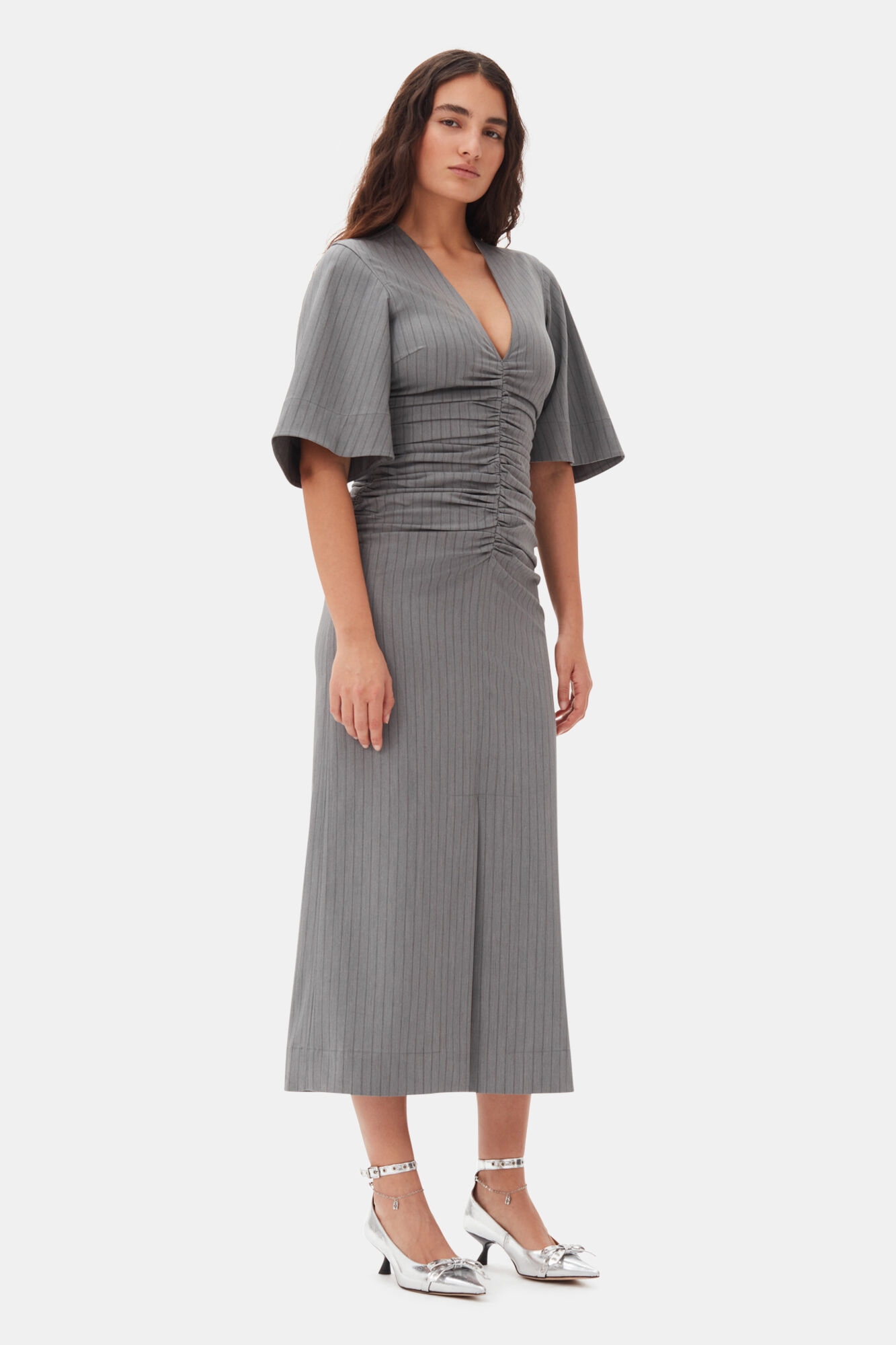 Grey Striped Suiting V-neck Fitted Dress, Elastane, in colour Mirage Gray - 3 - GANNI