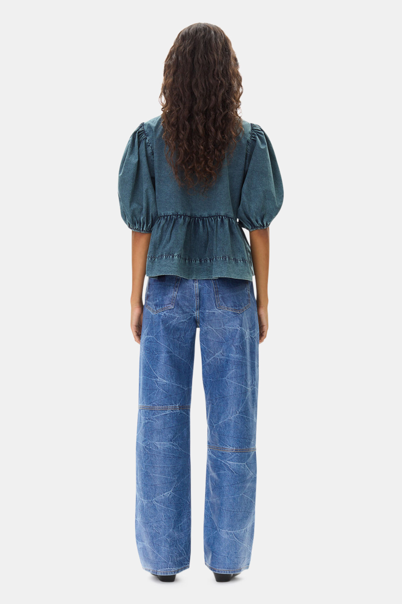 Blue Cotton Poplin Peplum Tie Blouse, Cotton, in colour Sky Captain - 4 - GANNI