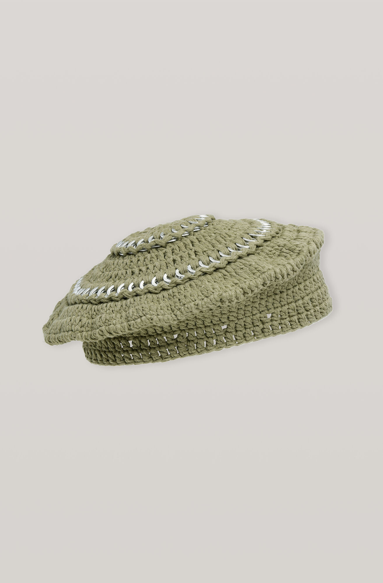 Crochet Disc-Embellished Beret, Cotton, in colour Kalamata - 1 - GANNI