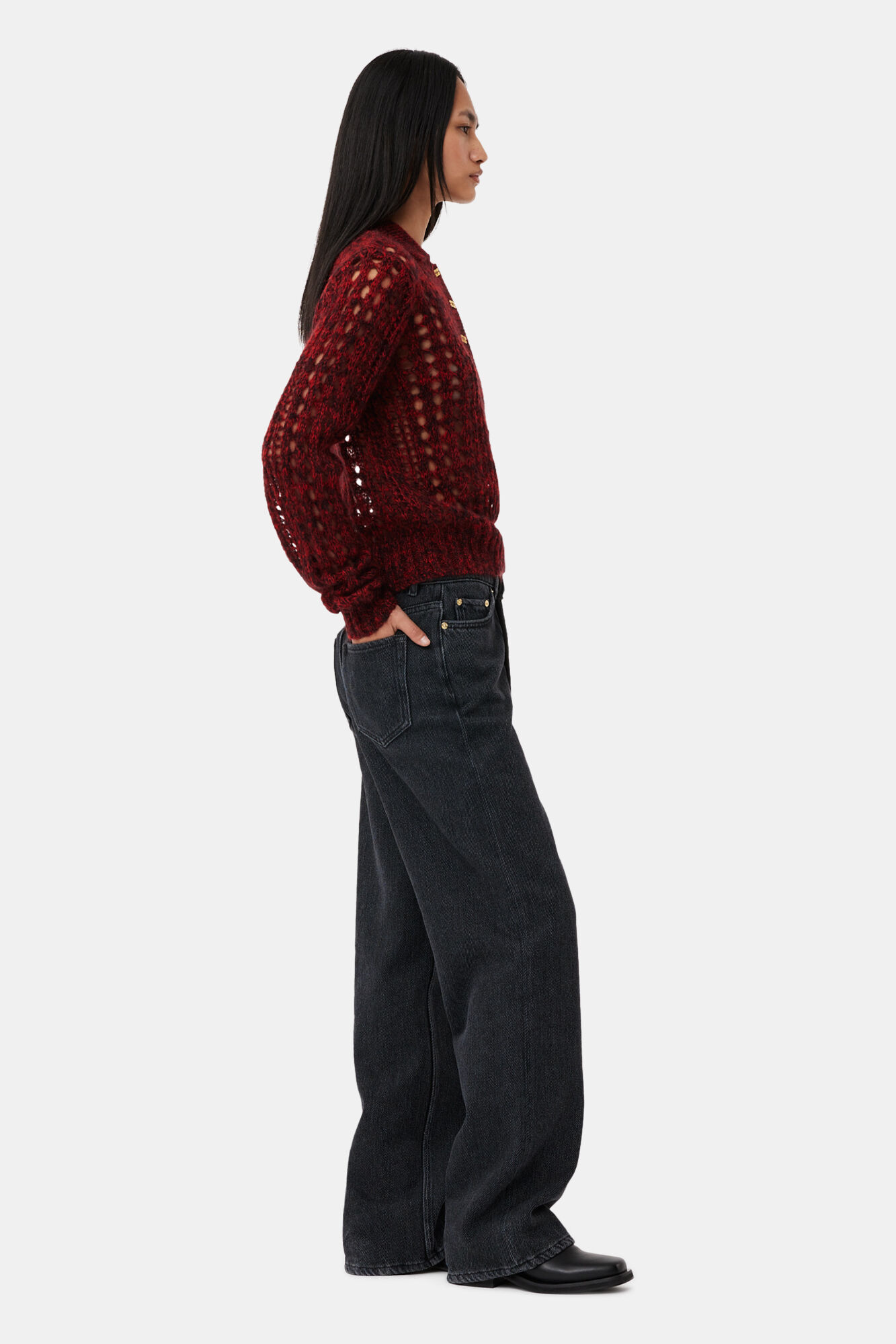 Washed Black Izey Drawstring Jeans, Cotton, in colour Washed Black/Black - 3 - GANNI