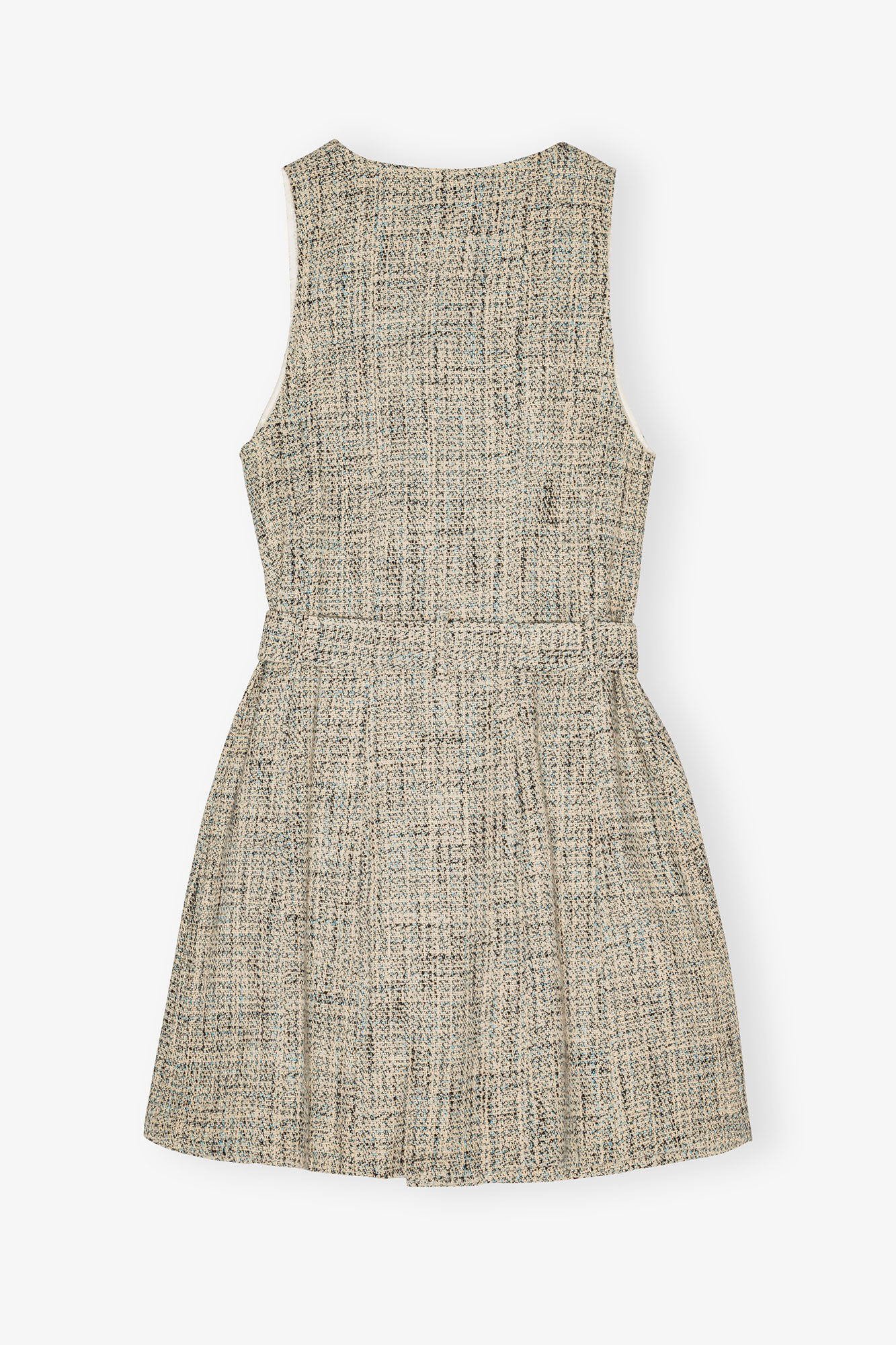 Tweed Sleeveless Belted Dress, Cotton, in colour Alaskan Blue - 2 - GANNI