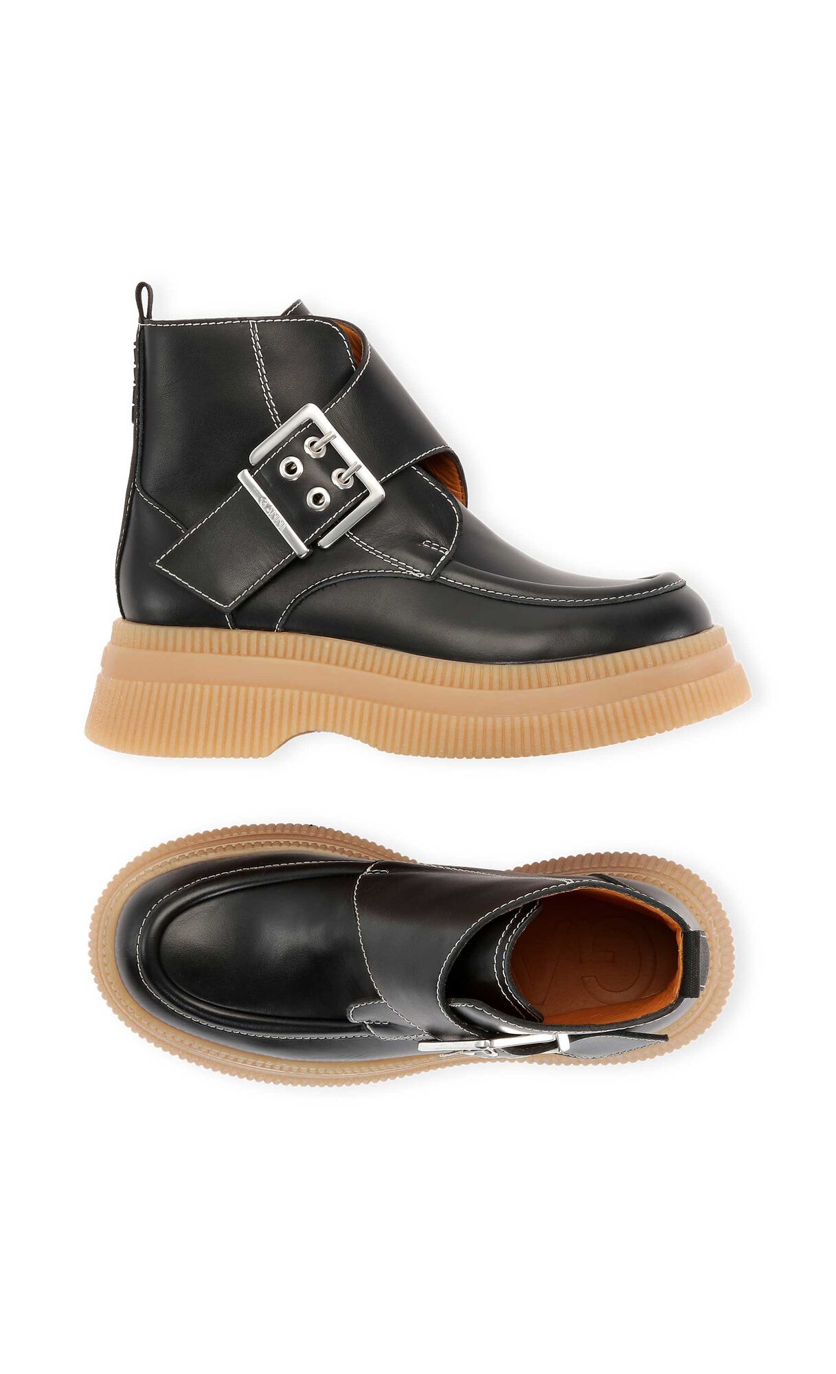 Calf Leather Creepers Monk Strap Boot, Leather, in colour Black - 2 - GANNI
