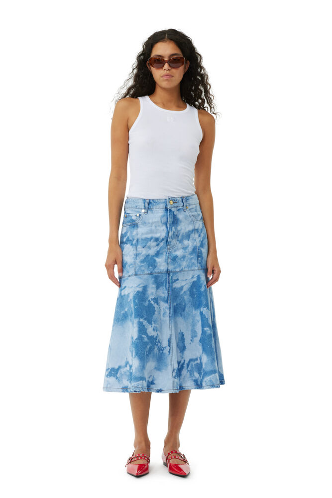 GANNI Blue Bleach Denim Flounce Midi Skirt,Light Blue Stone