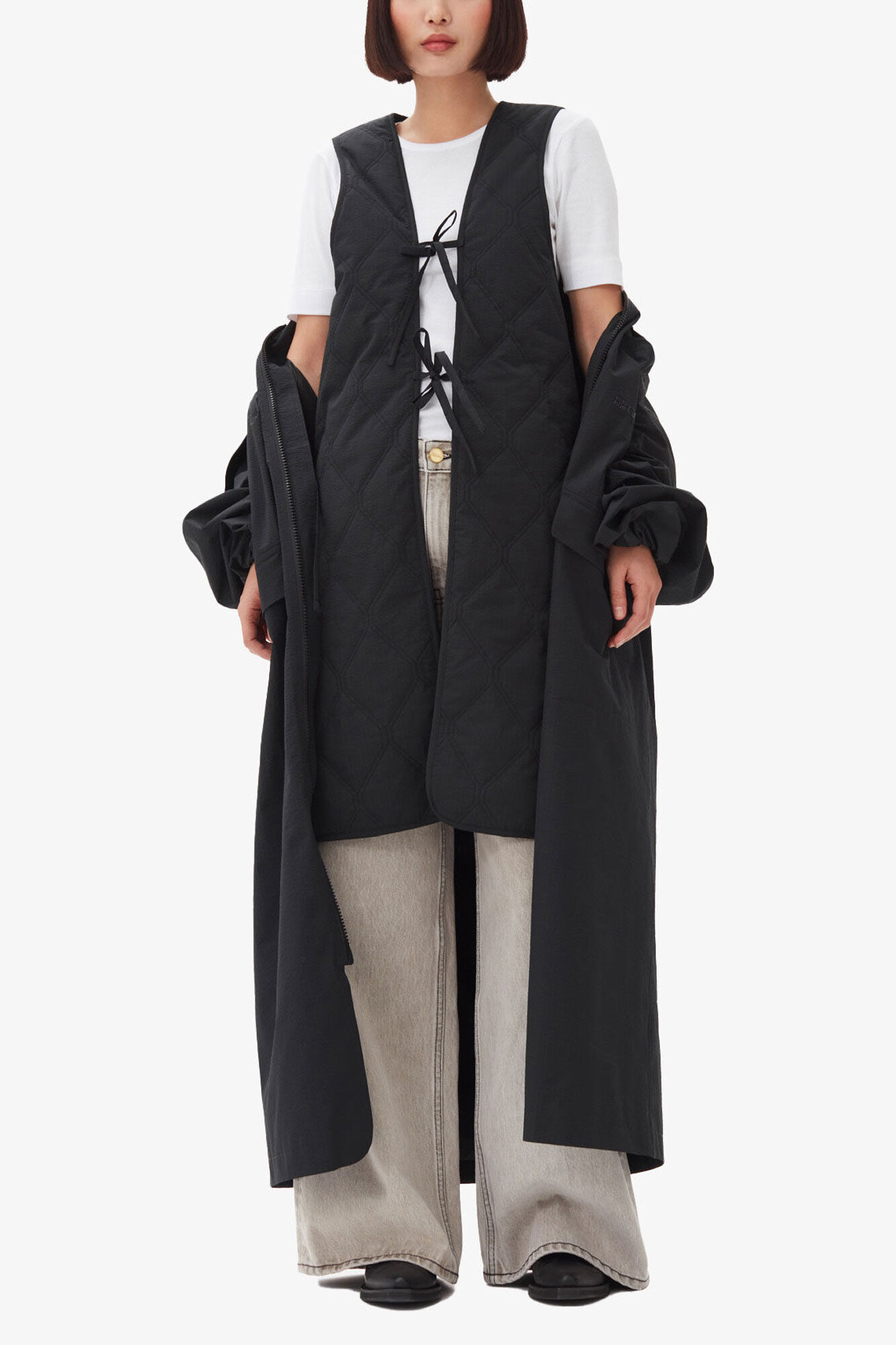 Black Black Tech Seersucker Oversized Shell Coat | GANNI (Global) CA