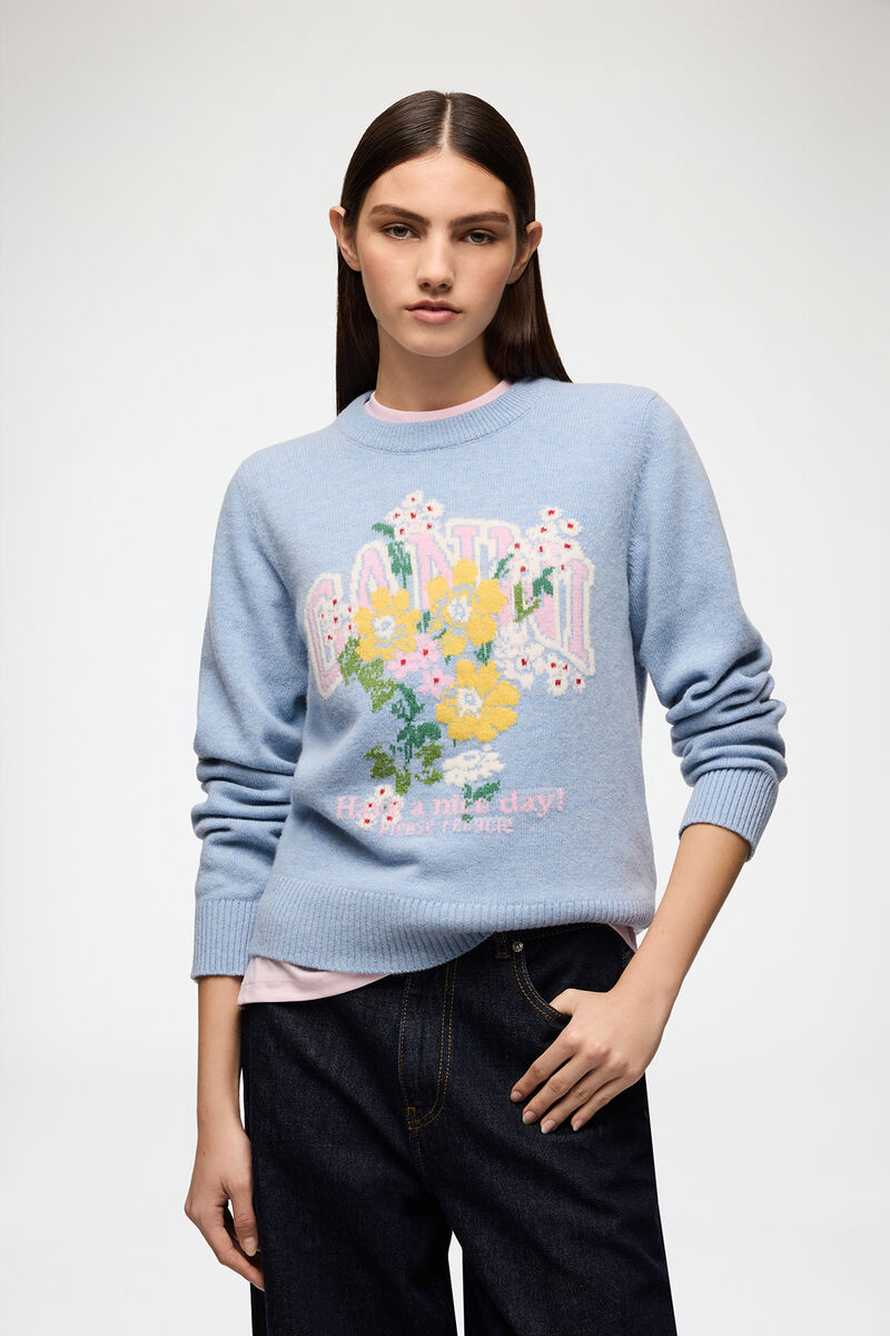 Jumper with Flowers, Wool, in colour Blue Bonnet - 1 - GANNI