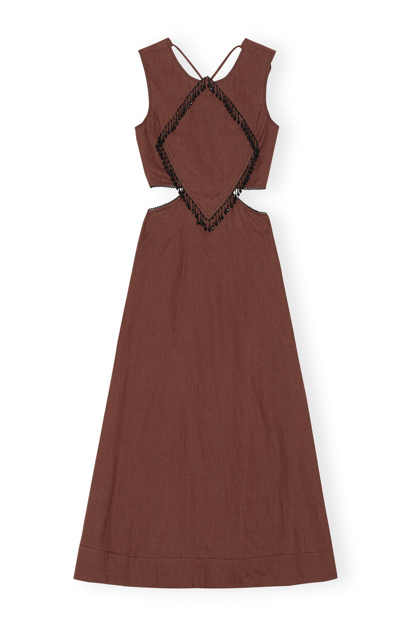 100% Hemp Maxi Dress with beaded fringes, Hemp, in colour Root Beer - 1 - GANNI