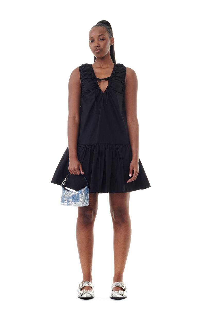 Black Cotton Poplin Mini Dress, Cotton, in colour Black - 1 - GANNI