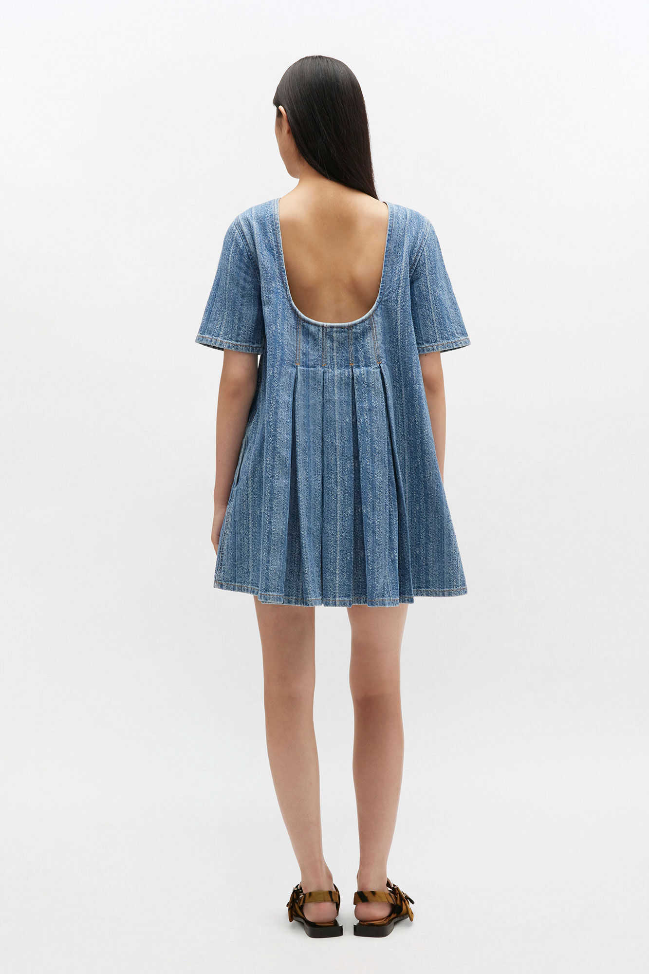 Striped Denim Pleated Dress, Cotton, in colour Mid Blue Stone - 2 - GANNI