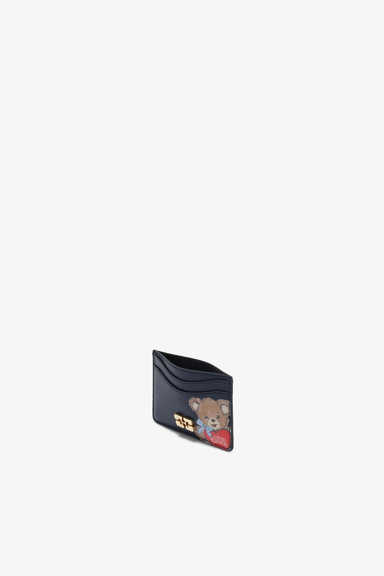 Bou Card Holder with Bear, Recycled Leather, in colour Black/Iris - 3 - GANNI