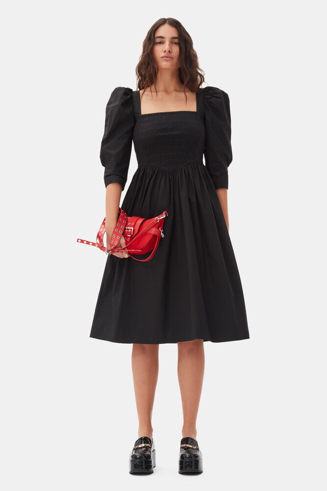 Black Cotton Poplin Smock Kleid, Black
