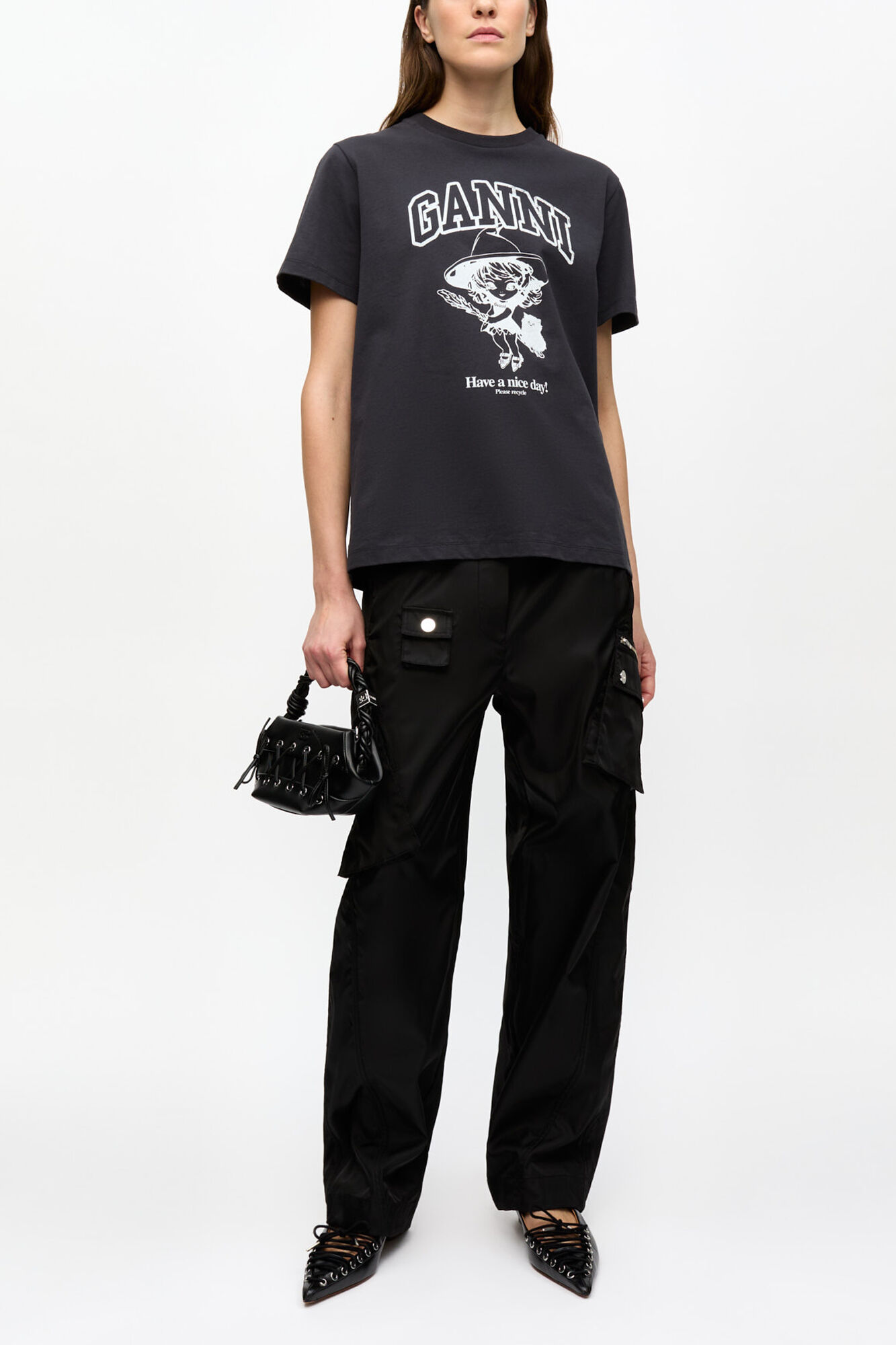 Black Basic Cotton Witch Relaxed T-shirt, Organic Cotton, in colour Phantom - 2 - GANNI