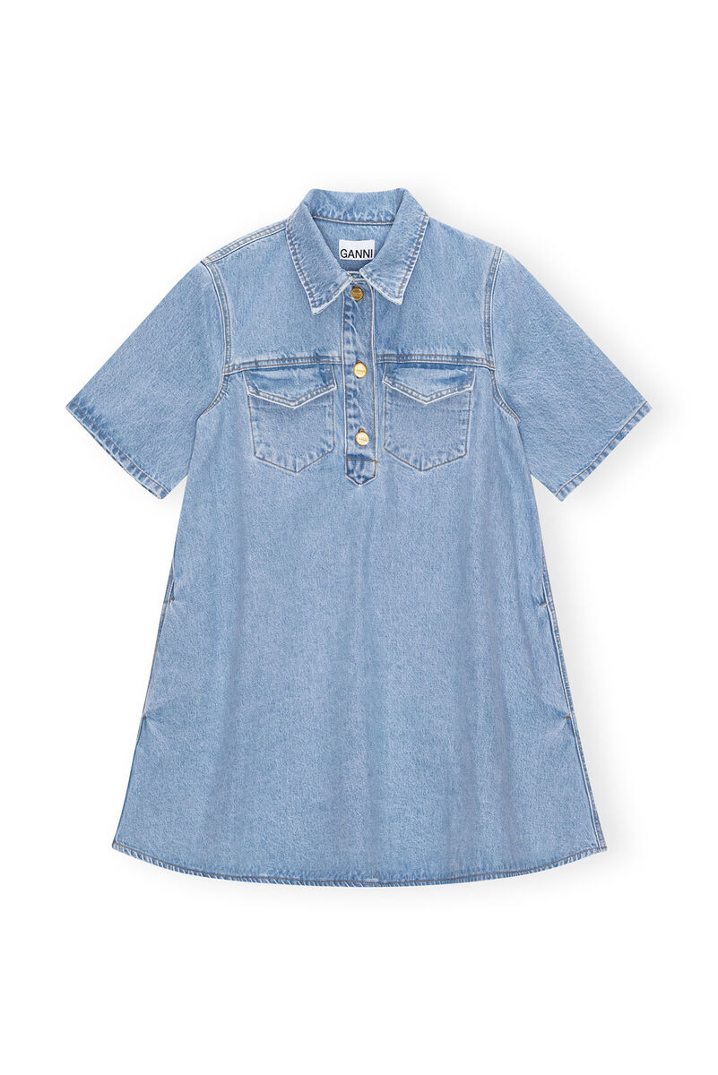 Cutline Denim Minikjole, Cotton, in colour Mid Blue Vintage - 1 - GANNI